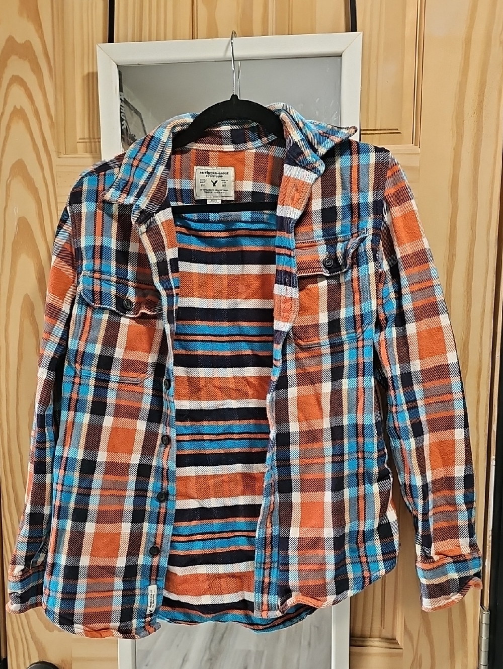 American Eagle Outfitters Orange, Blue & Navy Plaid Button Up Flannel/Shirt